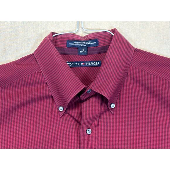 Tommy Hilfiger Tailored in Hong Kong Red Check Button Down Shirt Size 16 34/35 - Picture 6 of 12